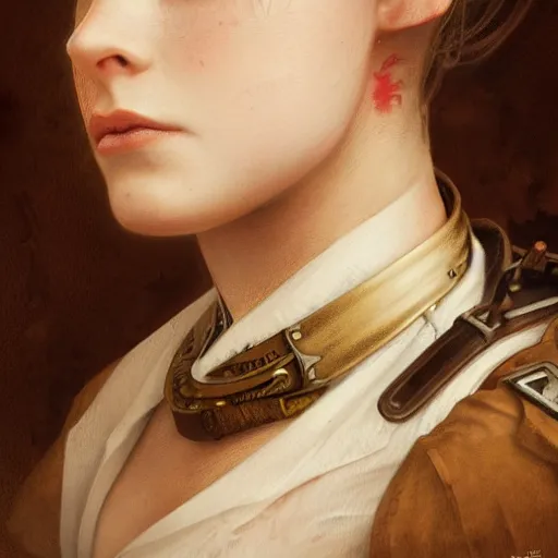 Prompt: portrait of a young female steampunk fighter, headshot, hyper realistic, pale skin, 4k, rule of thirds, extreme detail, detailed drawing, trending artstation, hd, fantasy, D&D, realistic lighting, by Alphonse Mucha, Greg Rutkowski, sharp focus, backlit, elegant