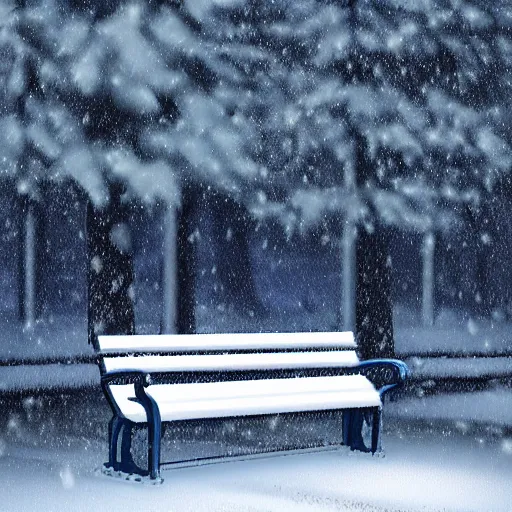 Prompt: a park bench under falling snowflakes, trending on artstation