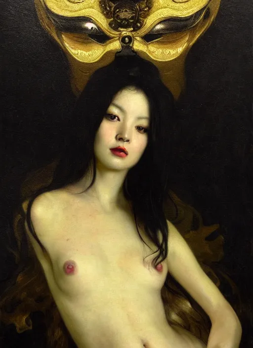 Image similar to highly detailed oil painting | very intricate | cinematic lighting | black, white and gold color scheme, dark background | asian demon | by roberto ferri, by gustav moreau, by singer sargent and klimt, american romanticism, occult art | by austin osman spare, artstation, cgsociety, official art, octane