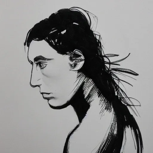 Image similar to portrait of dazed model facing slightly right, black ink on paper