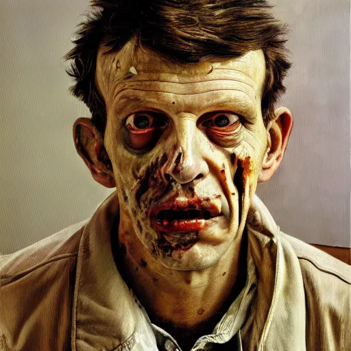 Prompt: high quality high detail painting by lucian freud, hd, portrait of a zombie, photorealistic lighting