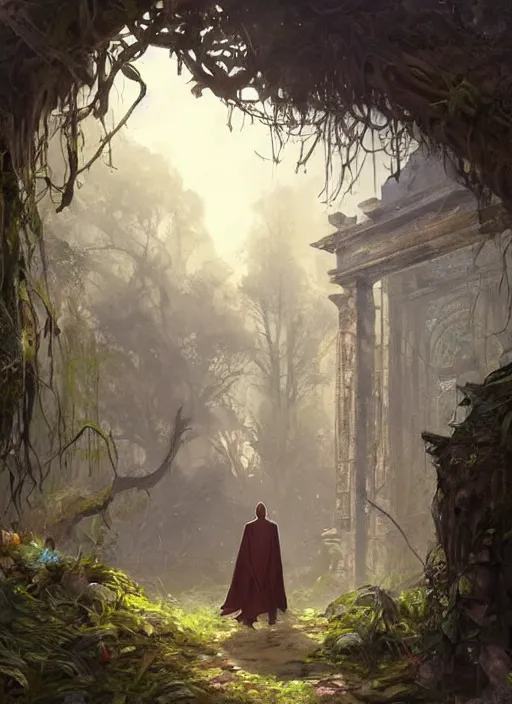 Prompt: an caped traveller walking on an abandoned temple, overgrown, grassy, sunny, dungeon, mystery, fantasy, fine details. night setting. realistic shaded lighting poster by craig mullism, artgerm, jeremy lipkin and michael garmash, unreal engine, radiant light, detailed and intricate environment, digital art, trending on art station,