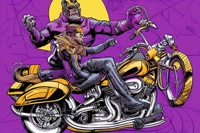 Prompt: Thanos riding a Harley Davidson by Dan Mumford