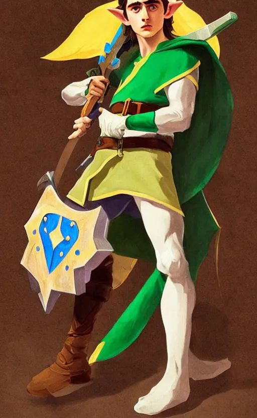 Image similar to Timothee Chalamet as Link from Legend of Zelda, elf ears, +++ super super super dynamic posing, j.c. leyendecker, Valentina Remenar, thick eyebrows, super serious facial expression, holding a sword & shield, ocarina of time