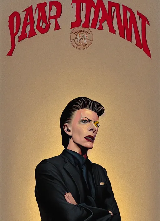 Prompt: twin peaks poster art, portrait of david bowie his suit is split half in black, by michael whelan, rossetti bouguereau, artgerm, retro, nostalgic, old fashioned