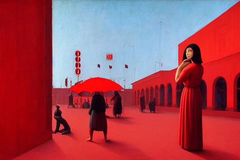 Image similar to only with red, crowd cheering at the sight of a painting, in a city square, in the style of beksinski, parts by edward hopper, parts by rodcenko, parts by yue minjun, intricate and epic composition, red by caravaggio, insanely quality, highly detailed, masterpiece, red light, artstation, 4 k