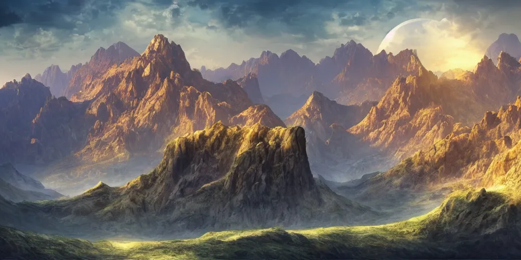 Image similar to beautiful matte painting of large mountains and canyons, fantasy