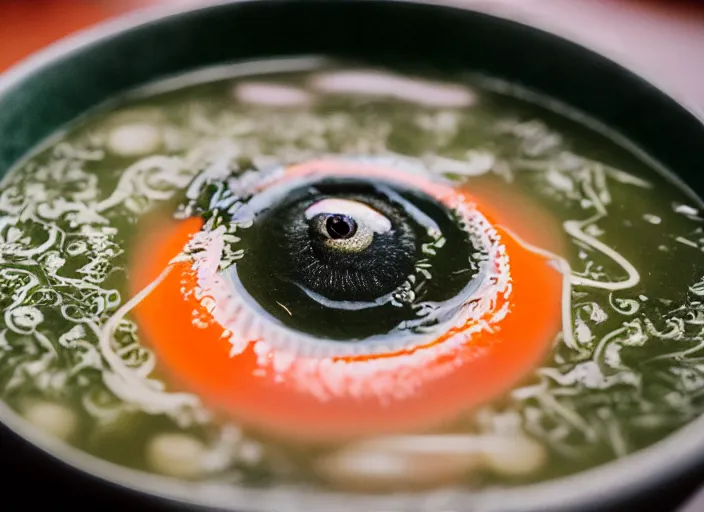 Image similar to dslr photograph of a bowl eldritch horror soup filled with tentacles and eyeballs, 8 5 mm f 1. 8