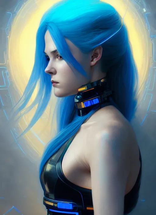 Prompt: symmetry!! portrait of woman with long flaming blue hair, sci - fi, tech wear, glowing lights!! intricate, elegant, highly detailed, digital painting, artstation, concept art, smooth, sharp focus, illustration, art by artgerm and greg rutkowski and alphonse mucha, 8 k