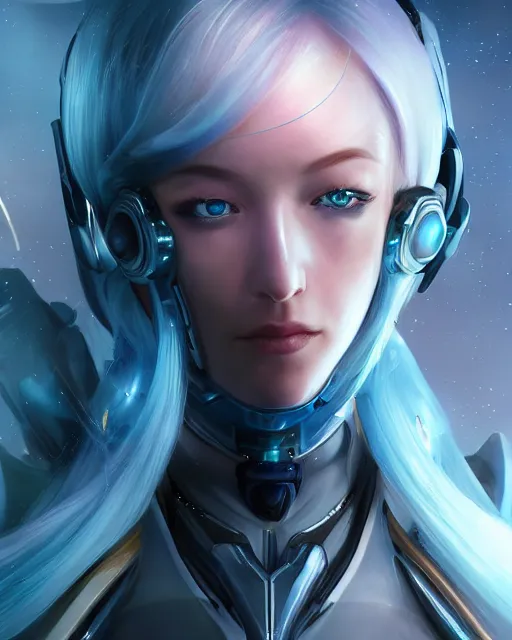 Image similar to perfect android girl on a mothership, warframe armor, beautiful face, scifi, futuristic, galaxy, nebula, raytracing, dreamy, long white hair, blue cyborg eyes, sharp focus, cinematic lighting, highly detailed, artstation, divine, by gauthier leblanc, kazuya takahashi, huifeng huang