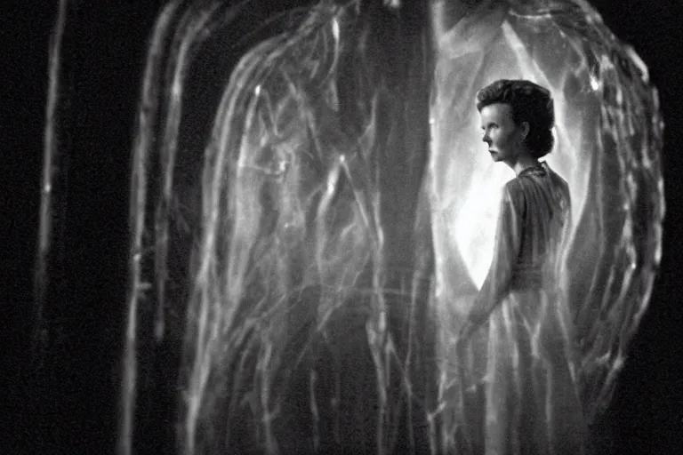 Image similar to film still of annette bening i'm cosmic horror! the musical by david cronenberg, 3 5 mm film, atmospheric, ultra fine detail, film grain, photorealistic