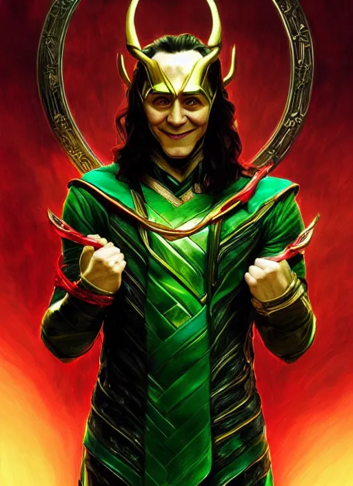 Image similar to portrait of tom hiddleston as loki, crimson peek, jewelry, greek, emerald, intricate, headshot, highly detailed, digital painting, artstation, concept art, sharp focus, cinematic lighting, illustration, art by artgerm and greg rutkowski, alphonse mucha, cgsociety