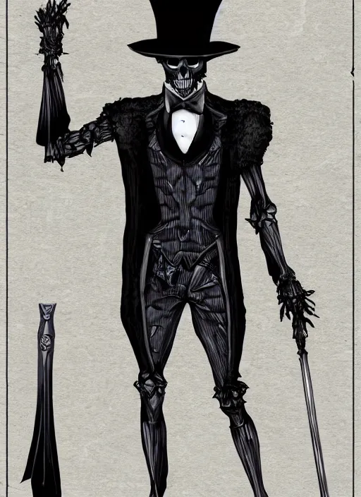 Image similar to DND character art, skeletal male figure, wearing a deep black suit!!! and tie and top hat, holding a gold! cane!. blue!!! flames!!