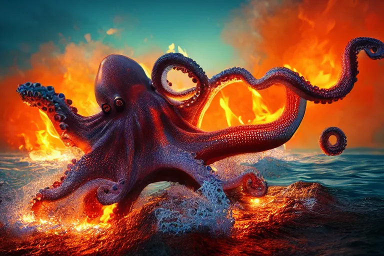 Image similar to an octopus with fire on its tentacles is jumping from the sea, strong waves, puffy clouds, orange end blue palette, 4k, ultra details, cinematic, epic style, beautiful photo, hyper realistic, octane render, unreal engine, award winning, on artstation, volumetric lightning, masterpiece, golden hour,