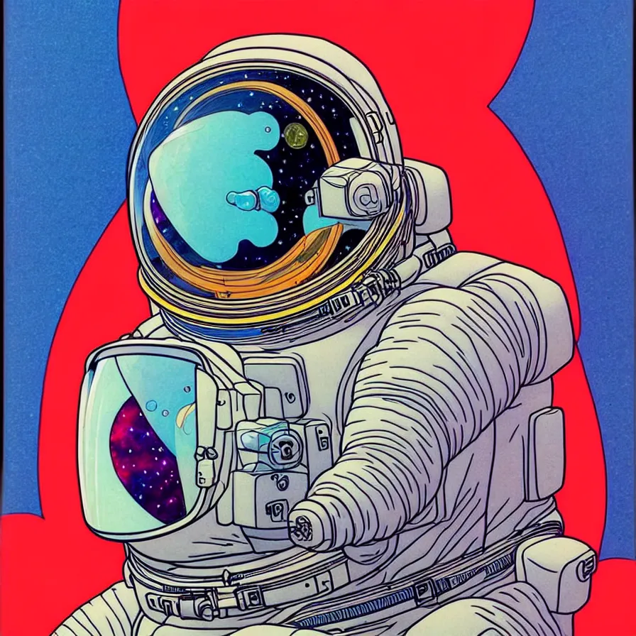 Image similar to ( ( ( ( an astronaut bust shot, with decorative frame design ) ) ) ) by mœbius!!!!!!!!!!!!!!!!!!!!!!!!!!!, overdetailed art, colorful, artistic record jacket design