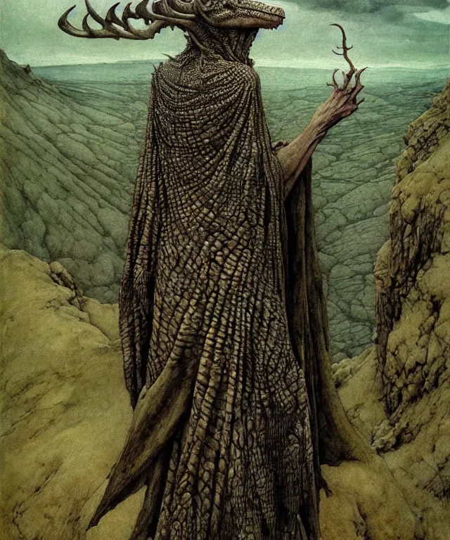 Image similar to A detailed horned crocodilewoman stands among the hills. Wearing a ripped mantle, robe. Perfect faces, extremely high details, realistic, fantasy art, solo, masterpiece, art by Zdzisław Beksiński, Arthur Rackham, Dariusz Zawadzki