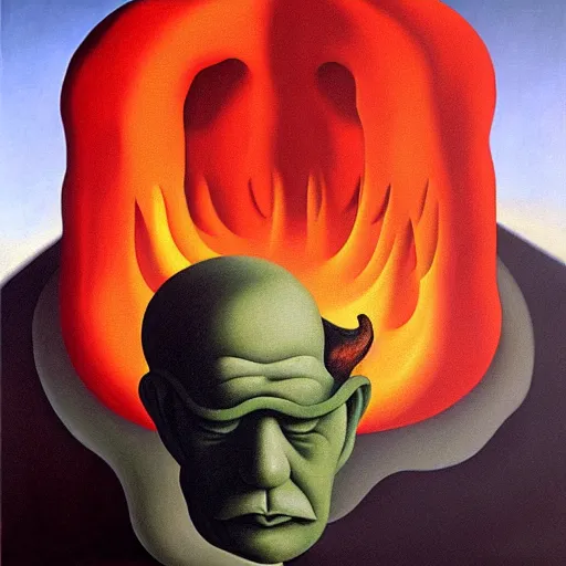 Image similar to devil boss in hell, oil painting by rene magritte