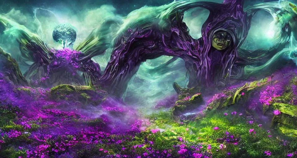 Image similar to a large alien shrine shrouded by mystic nebula magic in a field of flowers, breath - taking beautiful flowers, streams, nebula, and mist, an aesthetically pleasing, dynamic, energetic, lively, complex, intricate, detailed, well - designed digital art of magic, streams, flowers, and mist, early morning, light and shadow