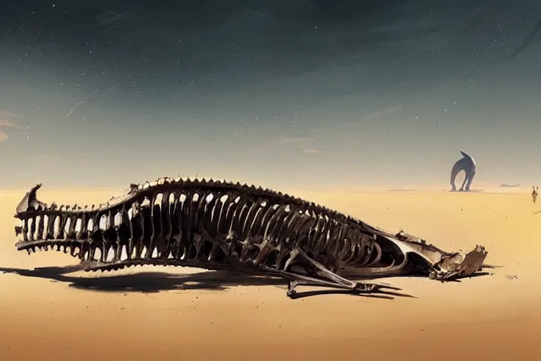 Image similar to whale skeleton on a desert, by greg rutkowski, trending on artstation, masterpiece