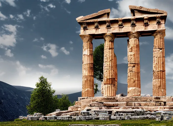 Image similar to reconstruction of the ancient temple of apollo at delphi, award winning photography, trending on artstation