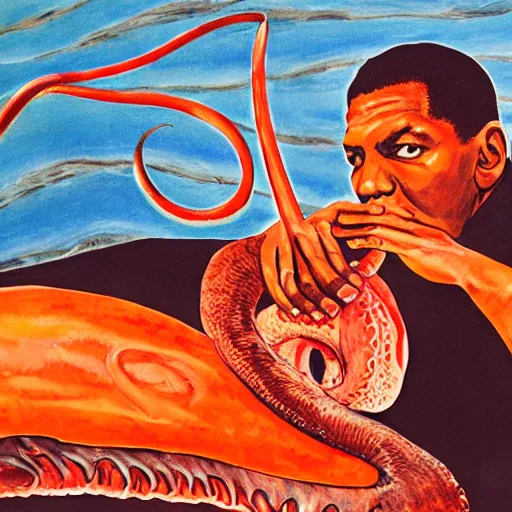 Image similar to john coltrane snuggling a giant squid