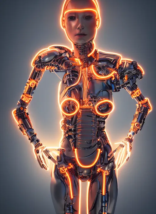 Image similar to photorealistic detailed full body picture of a female cyborg, pretty face, with head arms legs feet and hands, glamour pose, neon lights, humanoid, extreme, uhdr, book called the most influental cyborg in 2 0 5 0, fine details, highly detailed, intricate, smooth sharp focus, symmetrical features, environmental portrait, realistic render