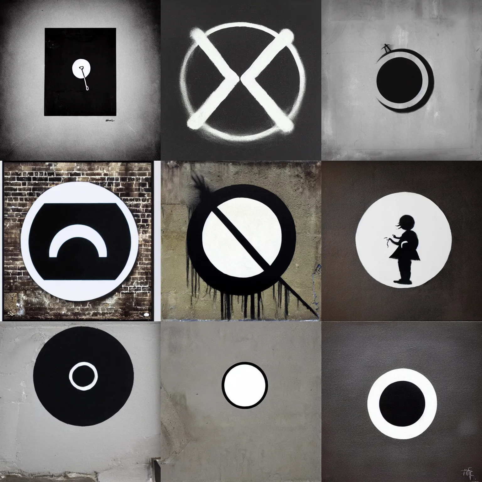 Prompt: a white circle on black background, art by banksy