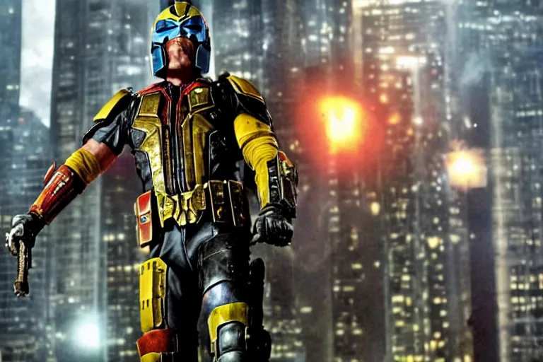 Image similar to Ryan Reynolds as Dredd, movie still, cinematic, sci-fi