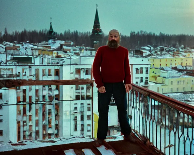 Image similar to 4 0 years russian man with beard and sweater standing on small hrushevka 9 th floor balcony in taiga looking at sunset, award - winning lomographic tarkovsky film still, kodak ektar, bokeh