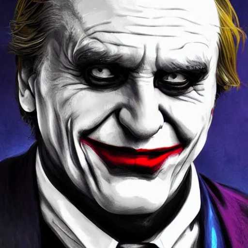 Image similar to [Gerard Depardieu as the Joker as president of France!, closeup, D&D, intricate, elegant, highly detailed, digital painting, artstation, concept art, matte, sharp focus, illustration, art by Artgerm and Greg Rutkowski and Alphonse Mucha]