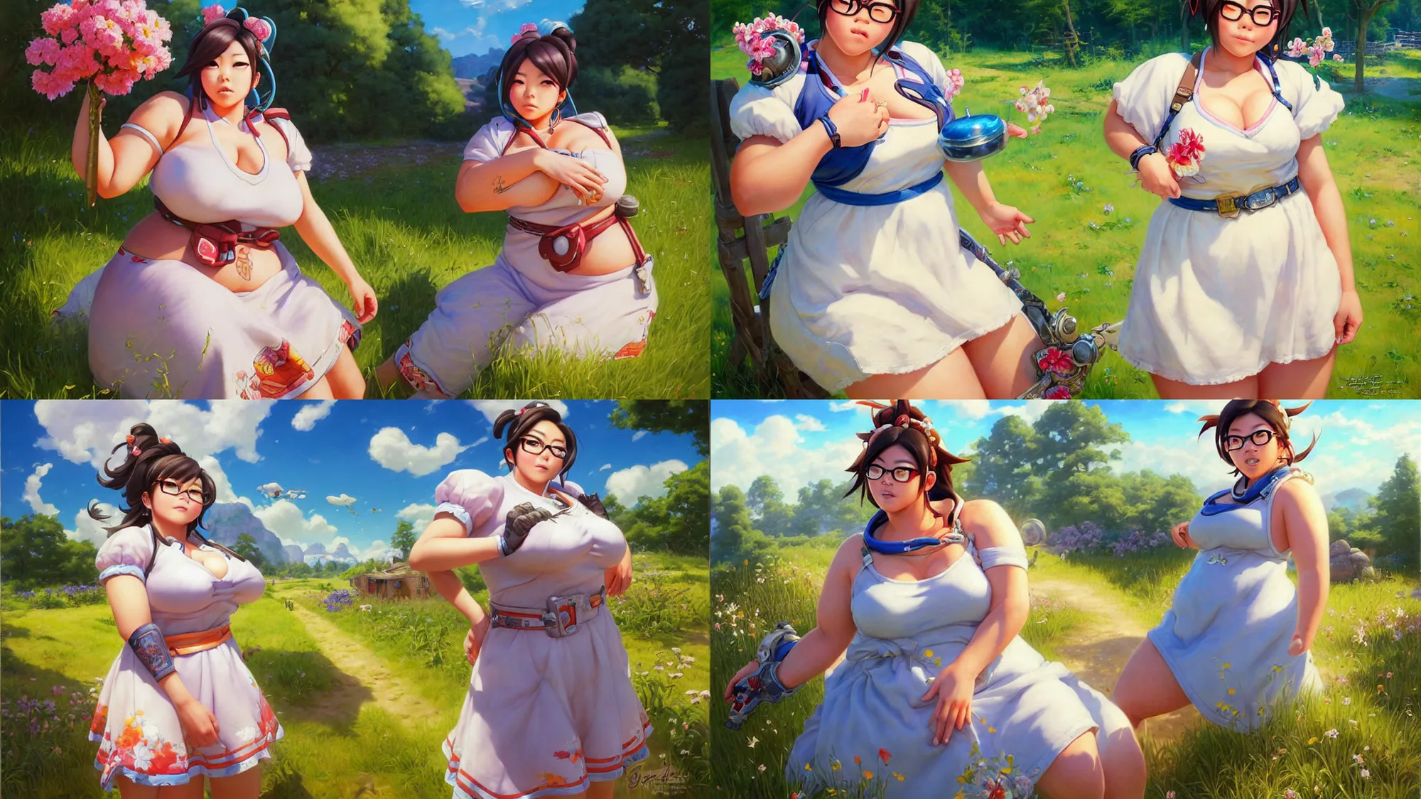 Image similar to portrait, mei from overwatch wearing a beautiful summer dress in the countryside, by greg staples and jeff easley, chubby, beautiful scene, hyper - realistic, intricate, summer day, sunlight, cheerful, soft lighting, detailed