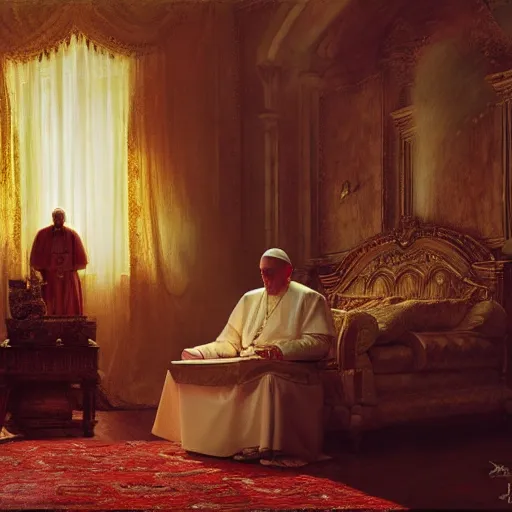 Image similar to the pope is in the papal bedroom, scared because a horned demon is attacking him. highly detailed painting by gaston bussiere, greg rutkowski, craig mullins 8 k