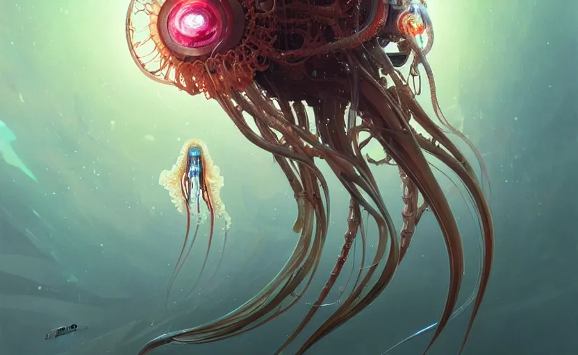 Image similar to Cyborg biomechanical jellyfish, sci-fi, highly detailed, digital painting, artstation, concept art, smooth, sharp focus, illustration, art by artgerm and greg rutkowski and alphonse mucha