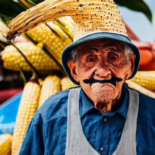 Image similar to an elderly man wearing a mask made from a tortilla, holding a sword made from elote, driving a corn cob car, bold natural colors, national geographic photography, masterpiece, 8 k, raw, unedited, symmetrical balance