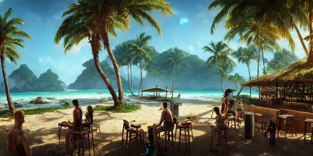 Image similar to a bar on a tropical island, pine trees, sunny, digital art, landscape, fantasy art, octane render, ureal engine, high detail, very realistic, by greg rutkowski. by james gurney