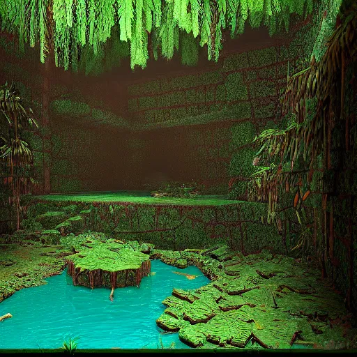 Prompt: isometric ancient overgrown mayan cenote, 4 k, ancient, octane render, oil on canvas