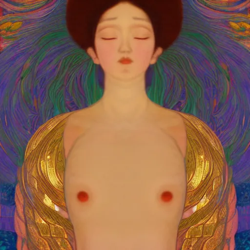 Image similar to a portrait of a very beautiful goddess with halo behind her head, looking in front, in the style of WLOP and Hsiao-Ron Cheng and Gustav Klimt