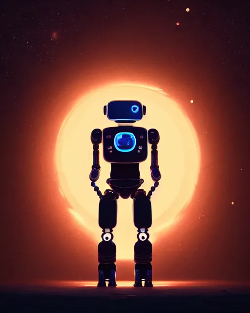Prompt: a robot standing in front of a glowy open door that's on a barren moon, poster art by mike winkelmann, trending on cg society, space art, sci - fi, ue 5, futuristic, volumetric lighting, light casting onto the ground, neat composition and camera angle