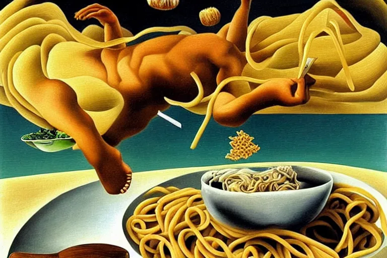 Prompt: olympic diver diving into a dish of pasta, detailed surrealist painting by salvador dali