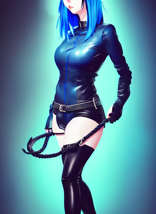 Image similar to hyper realistic photograph portrait of pretty girl with blue hair, wearing a full leather outfit, holding a whip, dramatic lighting by makoto shinkai, ilya kuvshinov, lois van baarle, rossdraws, basquiat