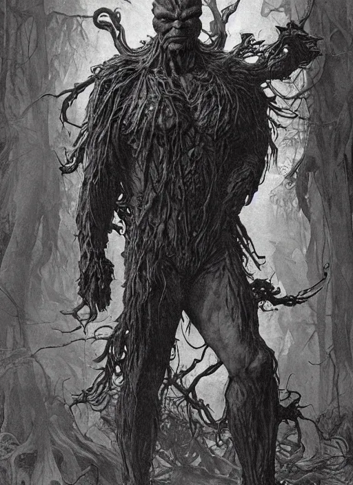 Prompt: renaissance grotesque full body portrait painting of angry swamp thing walking to the camera, camera puller back far, superior, elegant artwork by lee bermejo and greg rutkowski and alphonse mucha