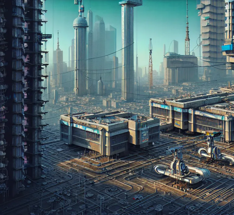 Image similar to hyperrealism photography hyperrealism concept art of highly detailed robotic builders that building highly detailed futuristic ( cyberpunk ) city by wes anderson and hasui kawase and scott listfield sci - fi style hyperrealism rendered in blender and octane render volumetric natural light