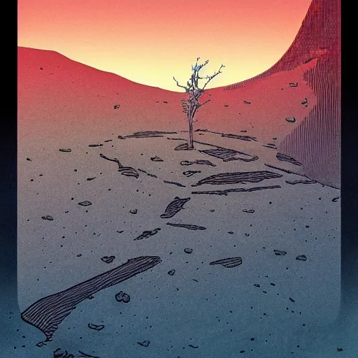 Image similar to [ illustration of a barren desert ] [ old ailen ruins ] [ gauche watercolour soft beautiful colours ] [ moebius, science fiction art ] [ composition, style, key art, cover art ]