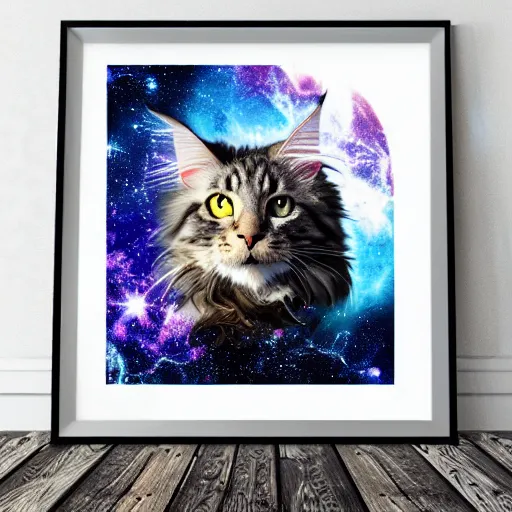 Image similar to realistic giant maine coon cat in space nebula art