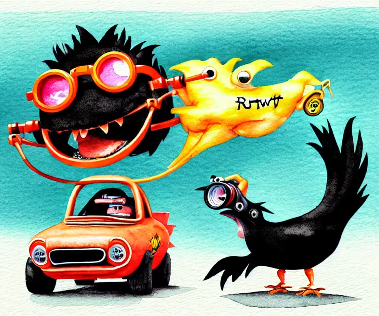 Image similar to cute and funny, black chicken wearing goggles driving a tiny hot rod with an oversized engine, ratfink style by ed roth, centered award winning watercolor pen illustration, isometric illustration by chihiro iwasaki, edited by craola, tiny details by artgerm and watercolor girl, symmetrically isometrically centered