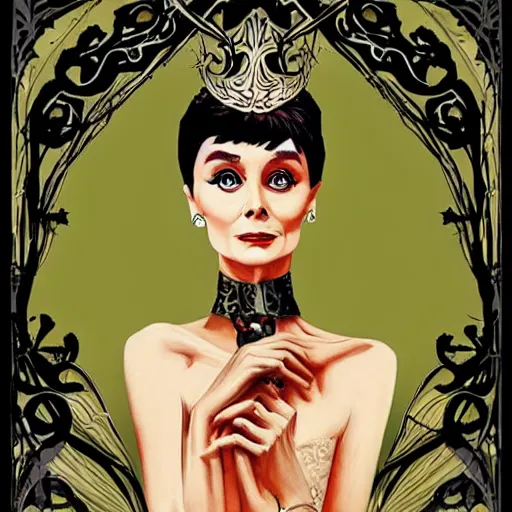 Image similar to powerful female necromancer, audrey hepburn, art nouveau, highly detailed