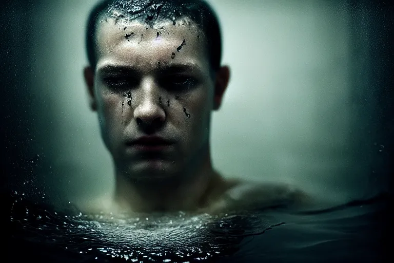 Prompt: an ultra realistic, cinematic, fantasy, portrait, of a prisoner, face in water, dramatic, soft light, dreamy, facial features, stood in a cell, with prison clothing, detailed, deep focus, movie still, dramatic lighting, ray tracing, by michal karcz and yoshitaka amano