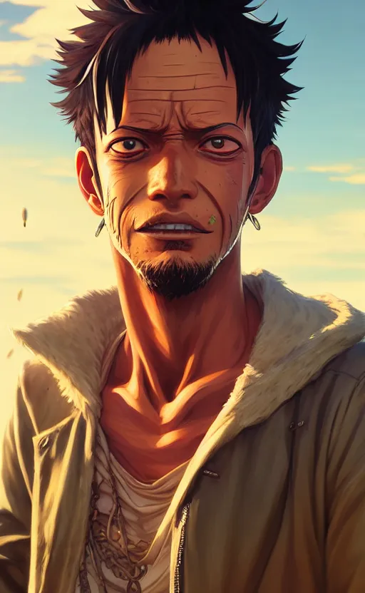 Image similar to highly detailed portrait of luffy in gta v, stephen bliss, unreal engine, fantasy art by greg rutkowski, loish, rhads, ferdinand knab, makoto shinkai and lois van baarle, ilya kuvshinov, rossdraws, tom bagshaw, global illumination, radiant light, detailed and intricate environment