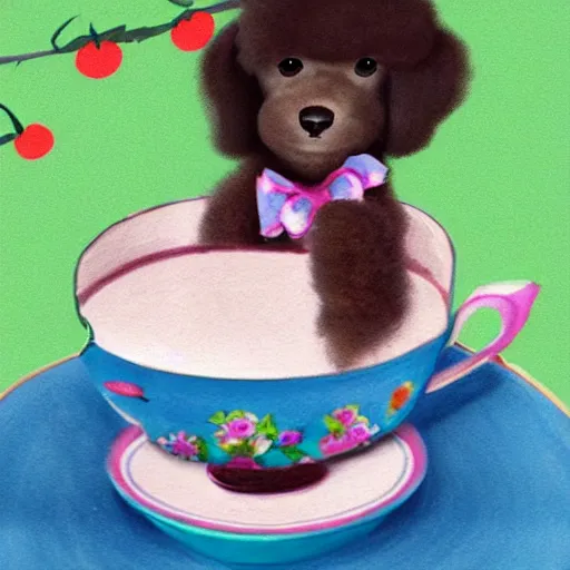 Image similar to cute poodle sitting inside a tea cup, realistic