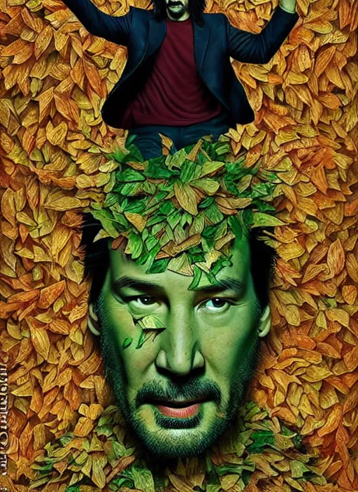 Image similar to highly detailed comedy caper movie poster with silly wacky zany keanu reeves as a sentient pile of leaves, keanu reeves green face as a sentient leafy bush by greg rutkowski, masterpiece, really funny, 1 0 / 1 0 comedy